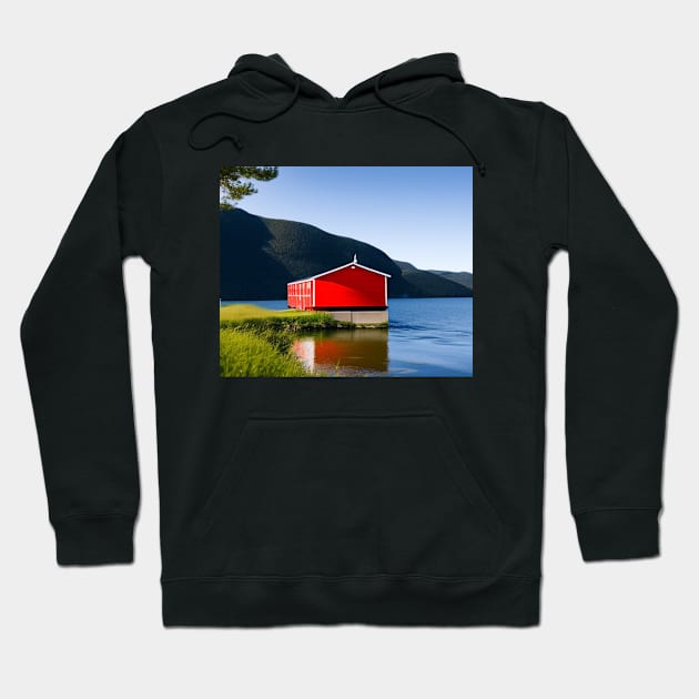 Red Boathouse on Lake Hoodie by MtWoodson